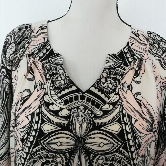Buttons Ornate Print 3/4 Sleeve Split V-Neck Casual Shift Dress Women's Size L - Picture 3 of 10